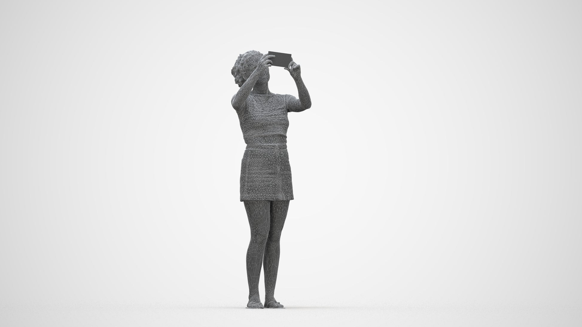 3D human model woman casual standing, photogrammetry scanned person for archviz, wireframe back view