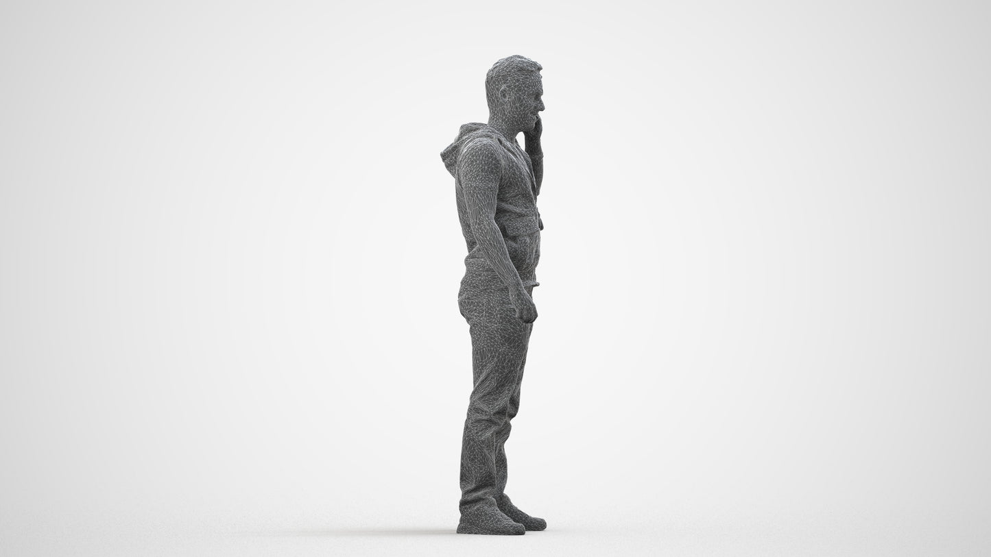 3D human model man casual standing, photogrammetry scanned person for archviz, wireframe side view