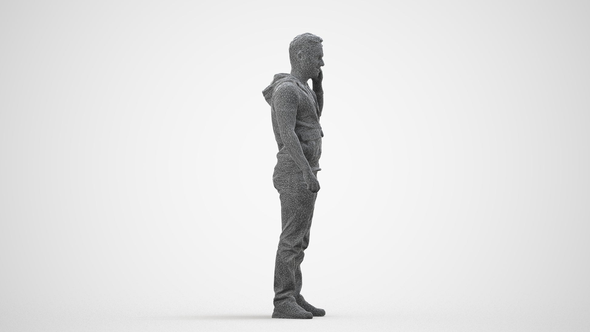 3D human model man casual standing, photogrammetry scanned person for archviz, wireframe side view