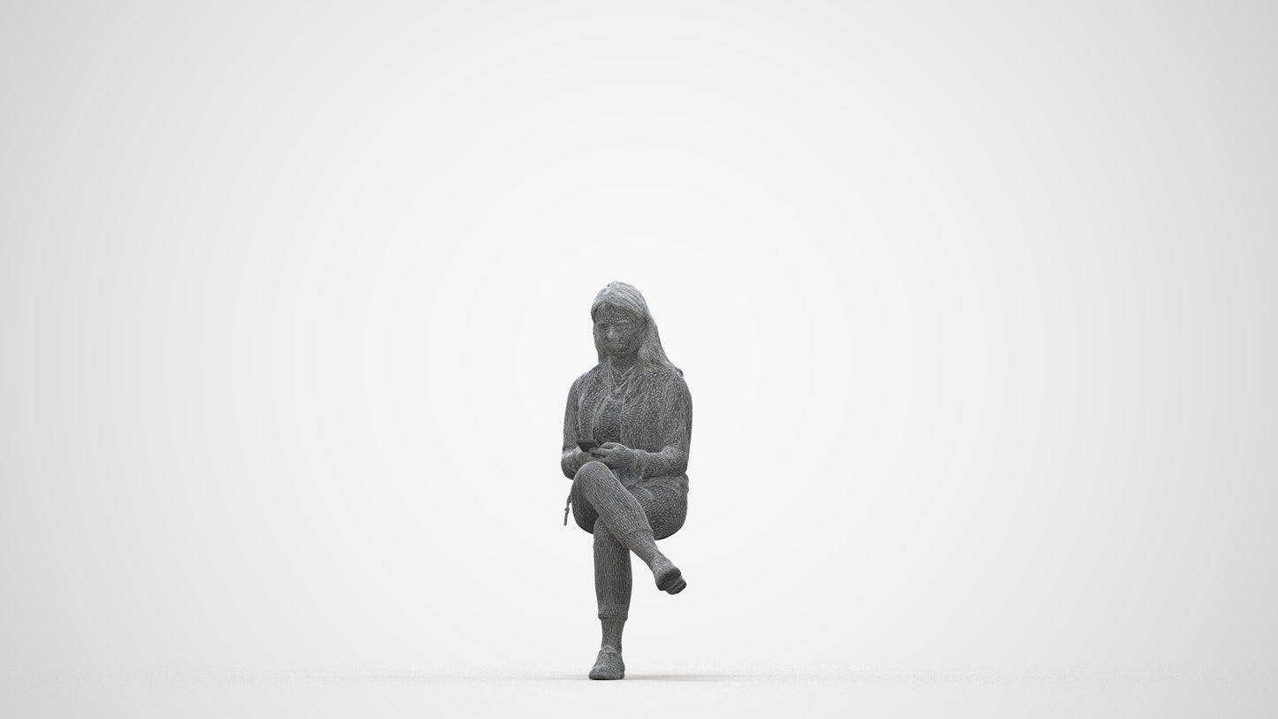 realistic 3D woman casual sitting, scanned archviz people for Blender and 3ds Max, wireframe back view