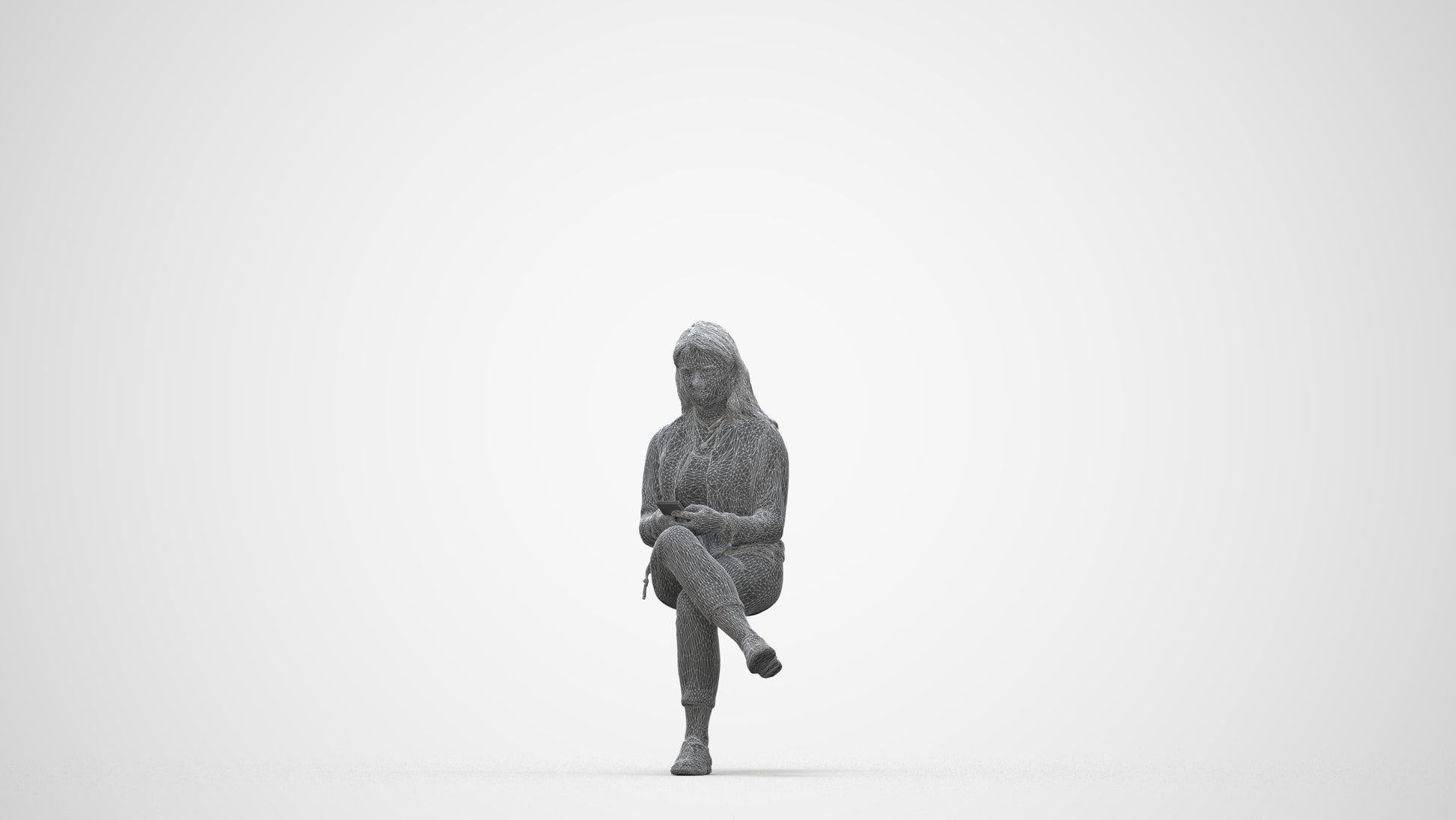 realistic 3D woman casual sitting, scanned archviz people for Blender and 3ds Max, wireframe back view