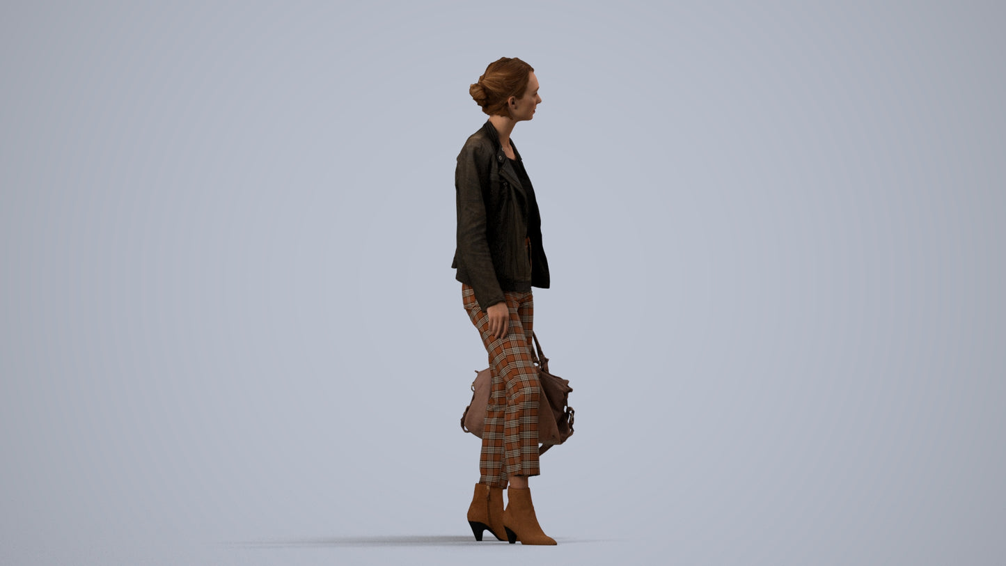 realistic 3D human woman business standing, archviz people FBX OBJ for Blender, side view render