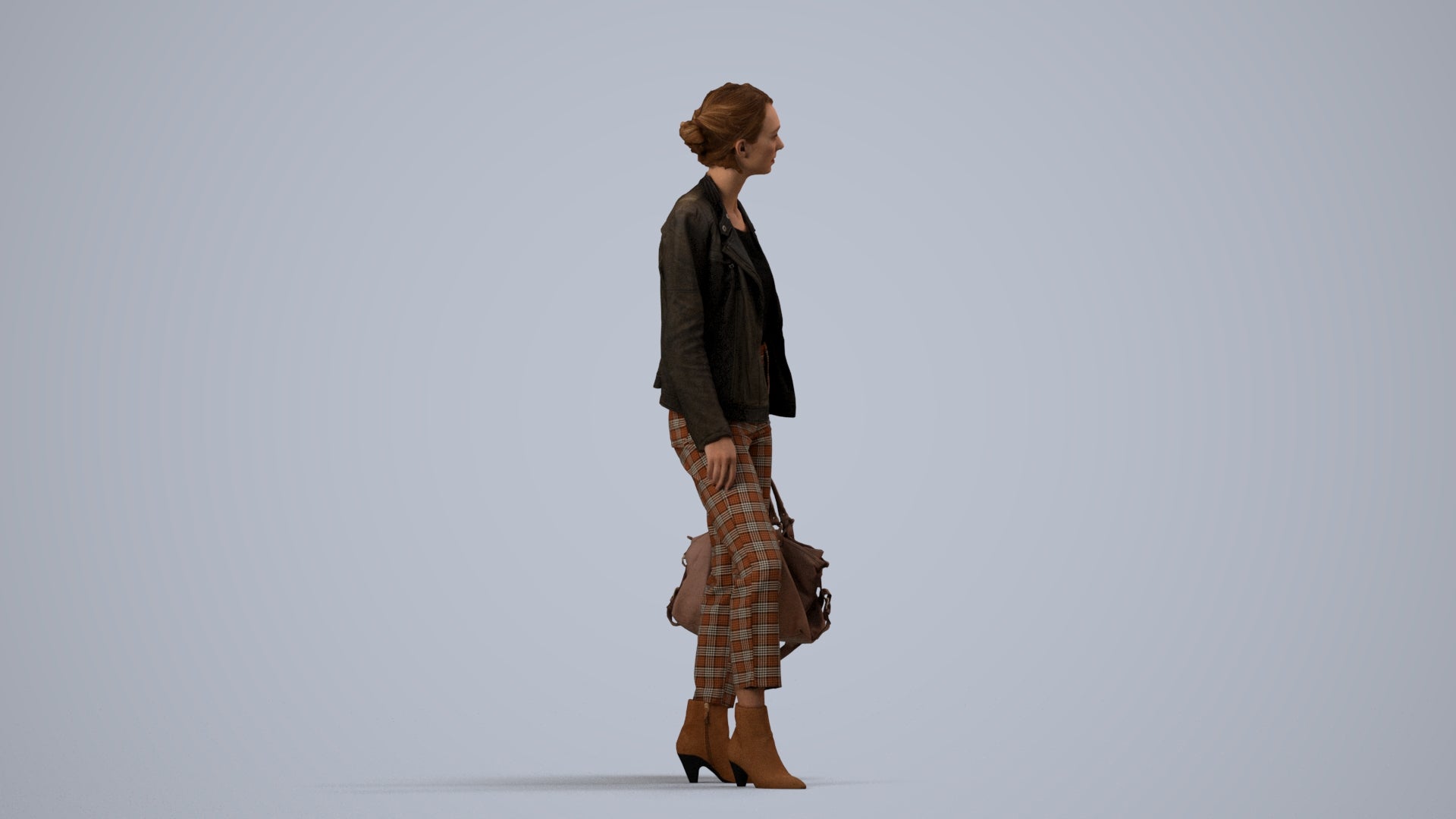 realistic 3D human woman business standing, archviz people FBX OBJ for Blender, side view render