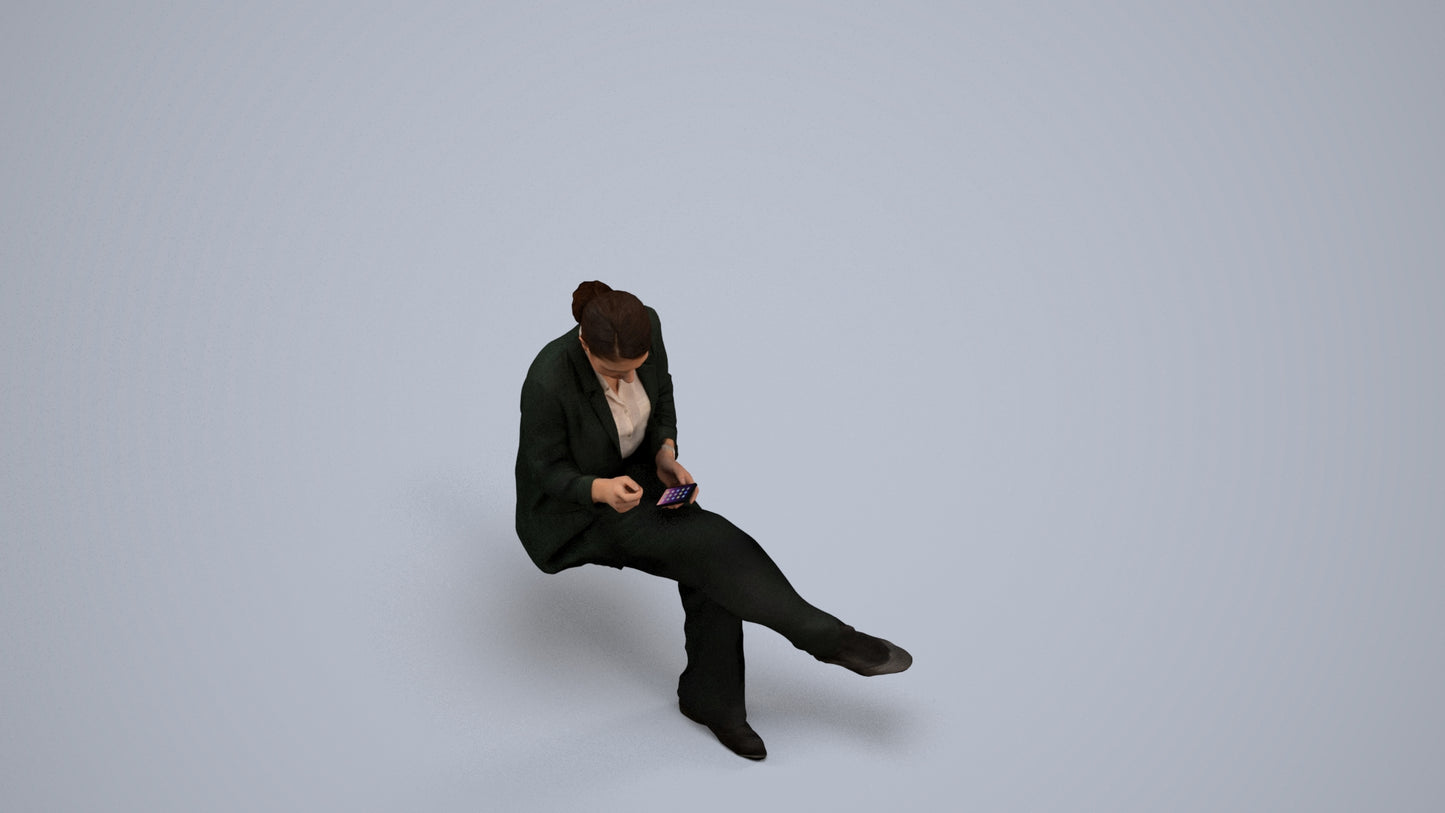 3D human model woman business, photogrammetry scanned person for archviz, back view render