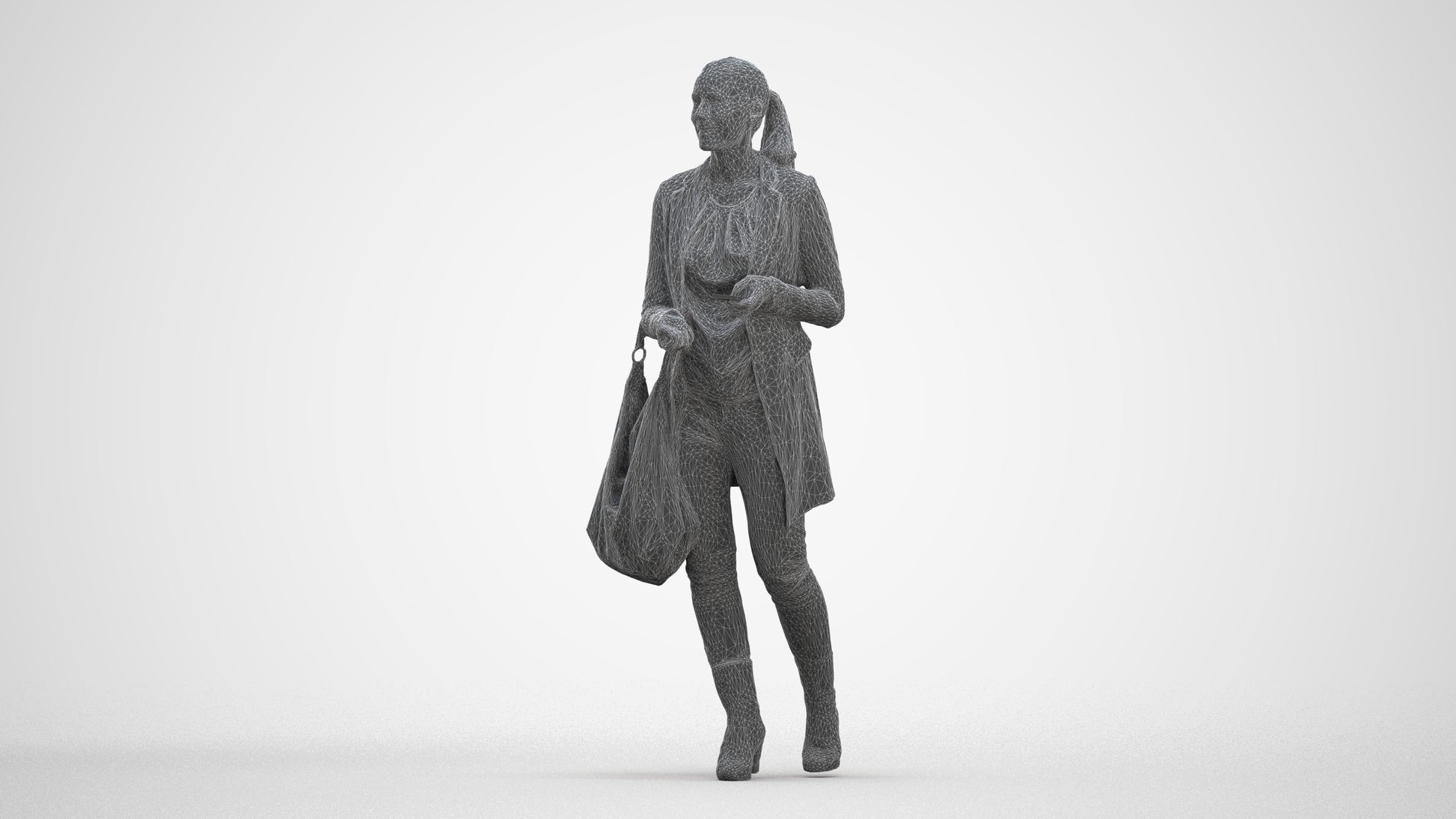 3D human model woman business walking, photogrammetry scanned person for archviz, three-quarter front view render