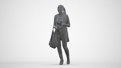 3D human model woman business walking, photogrammetry scanned person for archviz, three-quarter front view render
