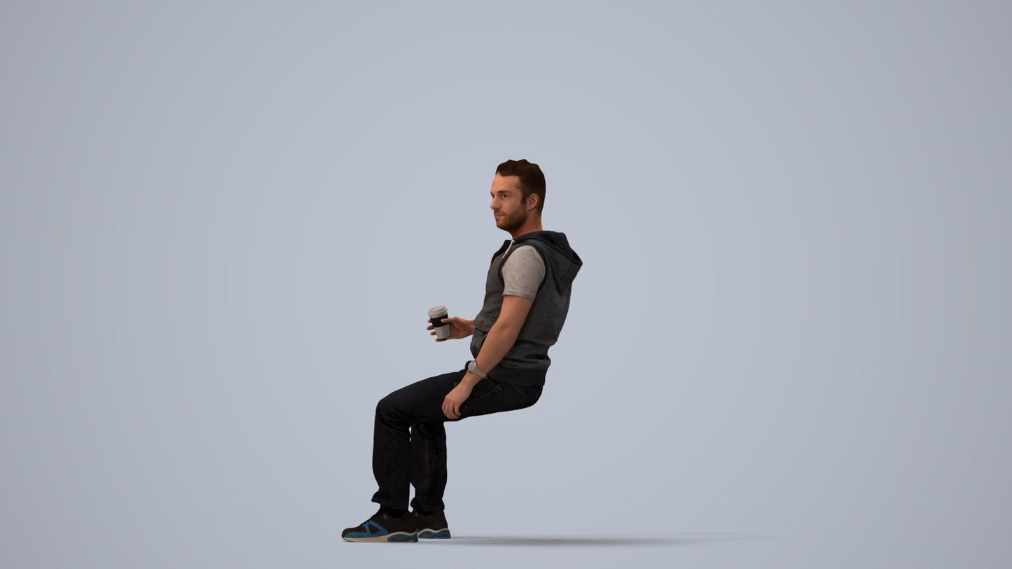 realistic 3D human man casual sitting, archviz people FBX OBJ for Blender, three-quarter view render