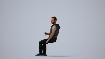 realistic 3D human man casual sitting, archviz people FBX OBJ for Blender, three-quarter view render