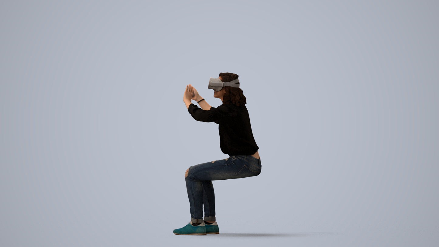 scanned 3D woman casual sitting, photogrammetry people for Enscape and V-Ray, three-quarter view render