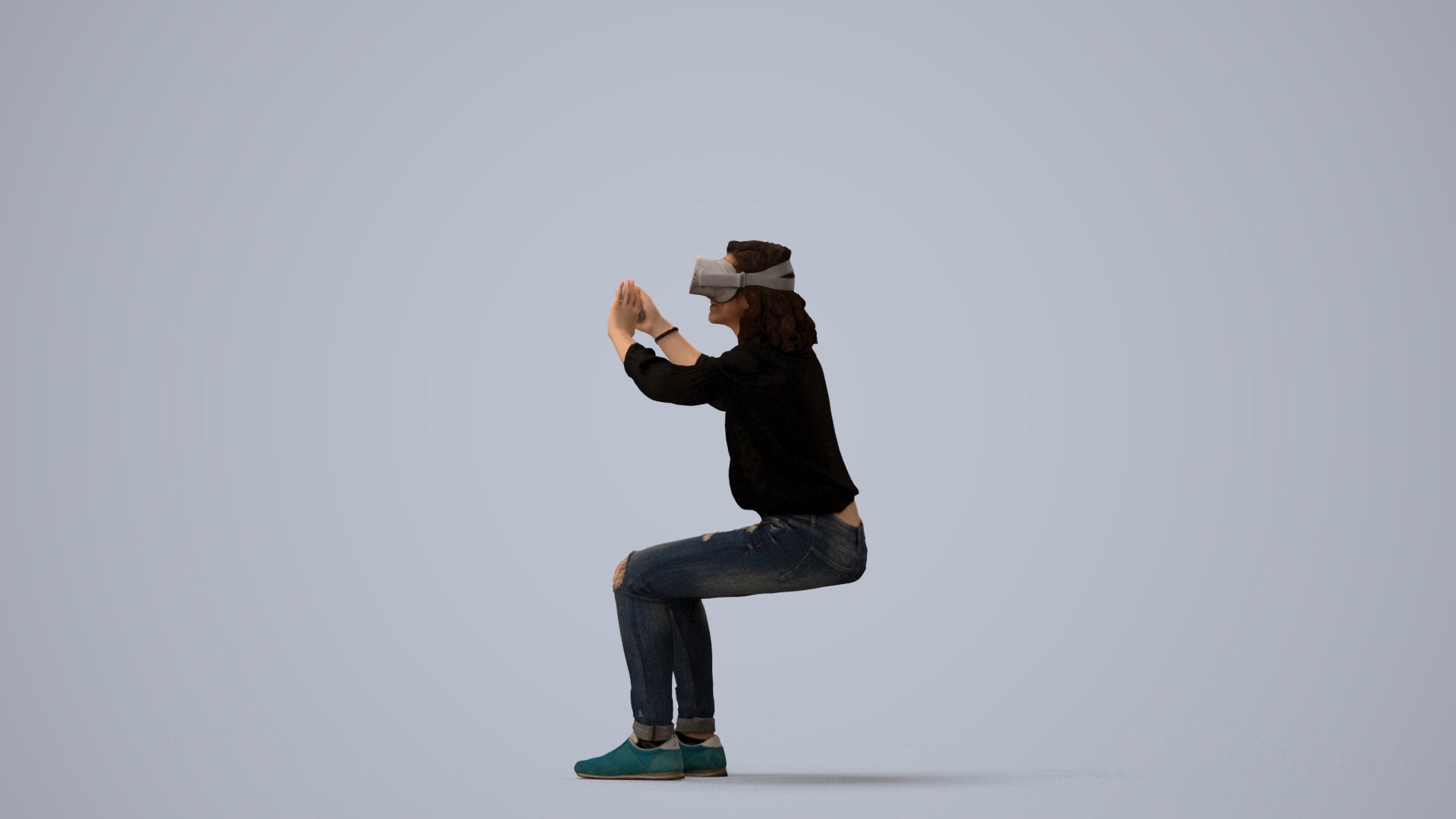 scanned 3D woman casual sitting, photogrammetry people for Enscape and V-Ray, three-quarter view render
