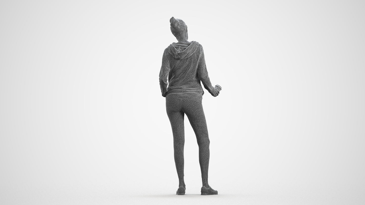 3D scanned woman standing sport, photorealistic archviz people for Enscape and SketchUp, wireframe front view