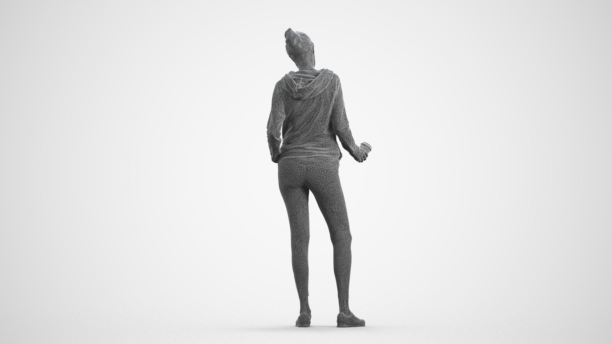 3D scanned woman standing sport, photorealistic archviz people for Enscape and SketchUp, wireframe front view