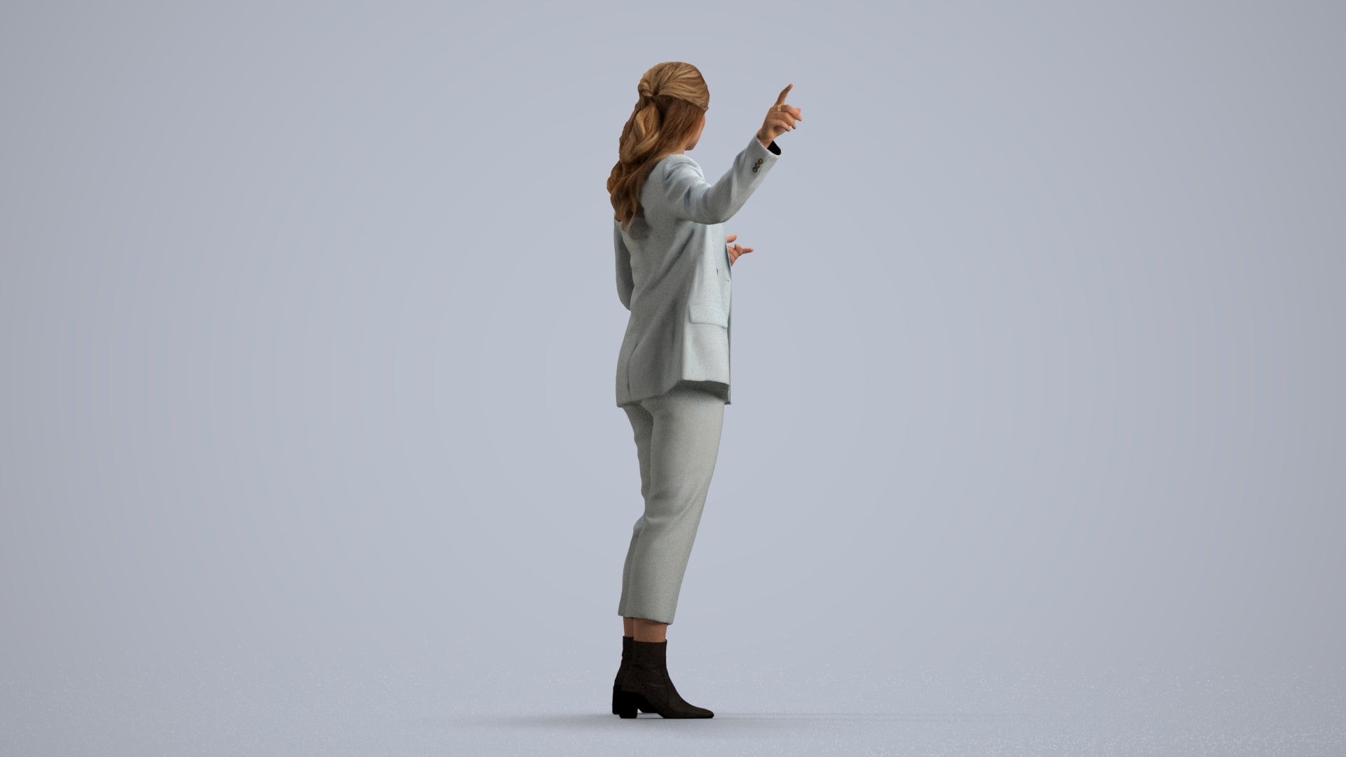 3D human model woman business, photogrammetry scanned person for archviz, front view render