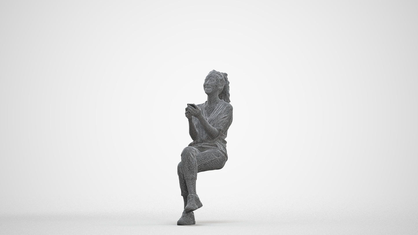photogrammetry 3D woman casual sitting, realistic human model archviz FBX, three-quarter front view render