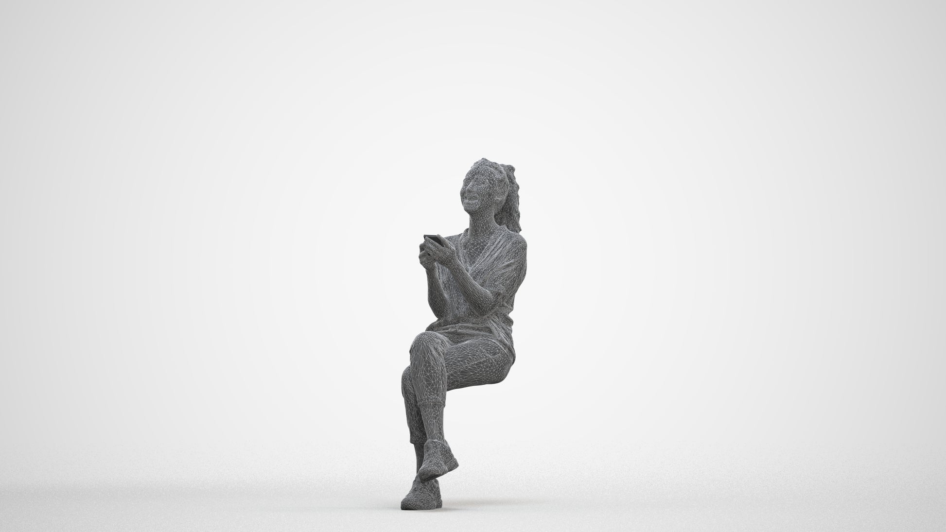 photogrammetry 3D woman casual sitting, realistic human model archviz FBX, three-quarter front view render