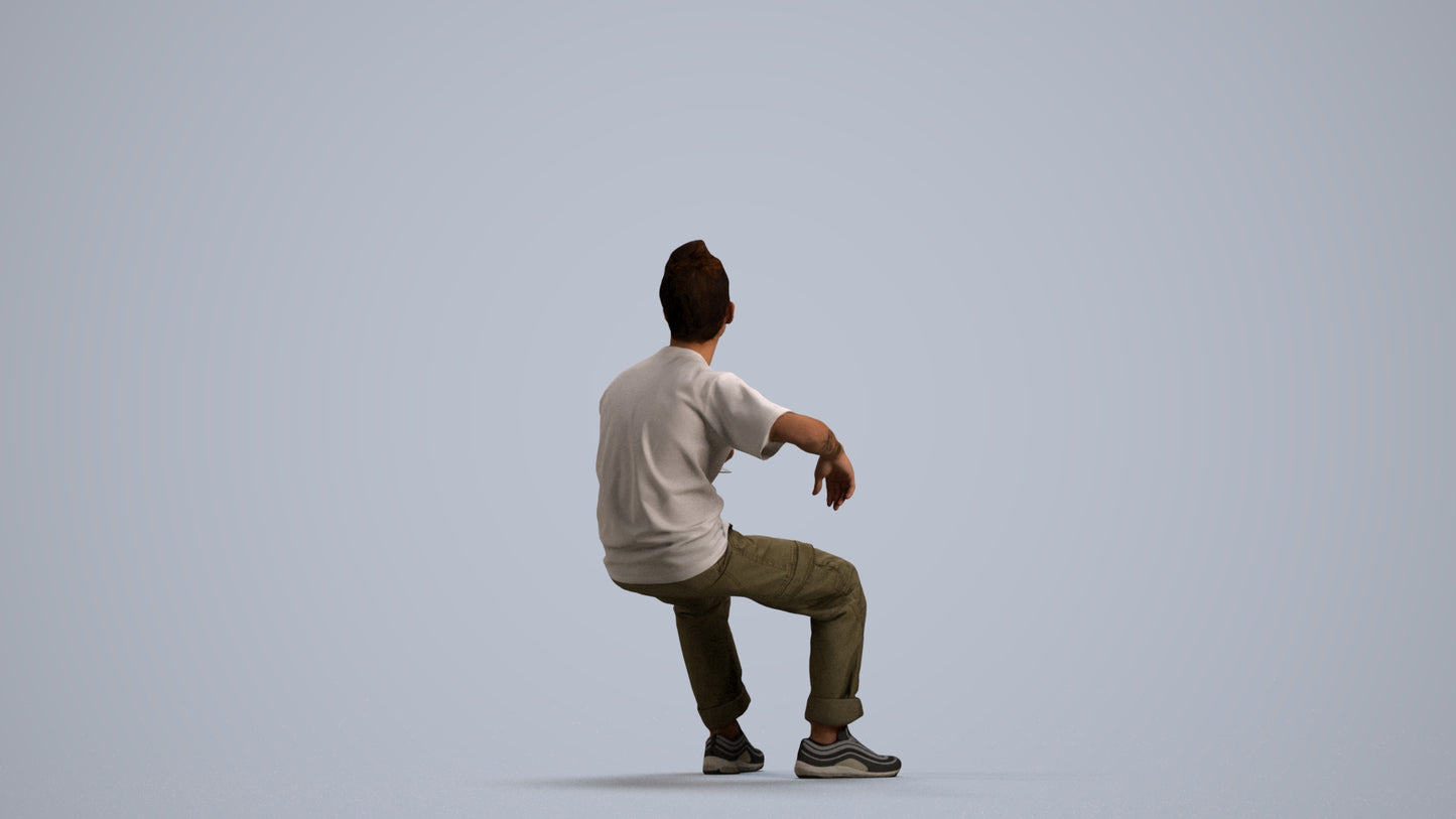 3D human model man casual sitting, photogrammetry scanned person for archviz, front view render