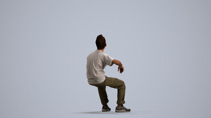 3D human model man casual sitting, photogrammetry scanned person for archviz, front view render