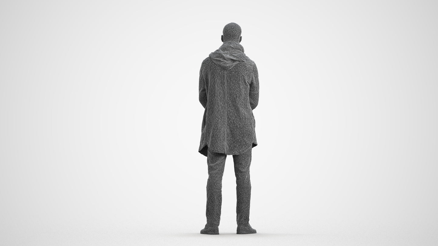 realistic 3D man casual standing, scanned archviz people for Blender and 3ds Max, wireframe front view