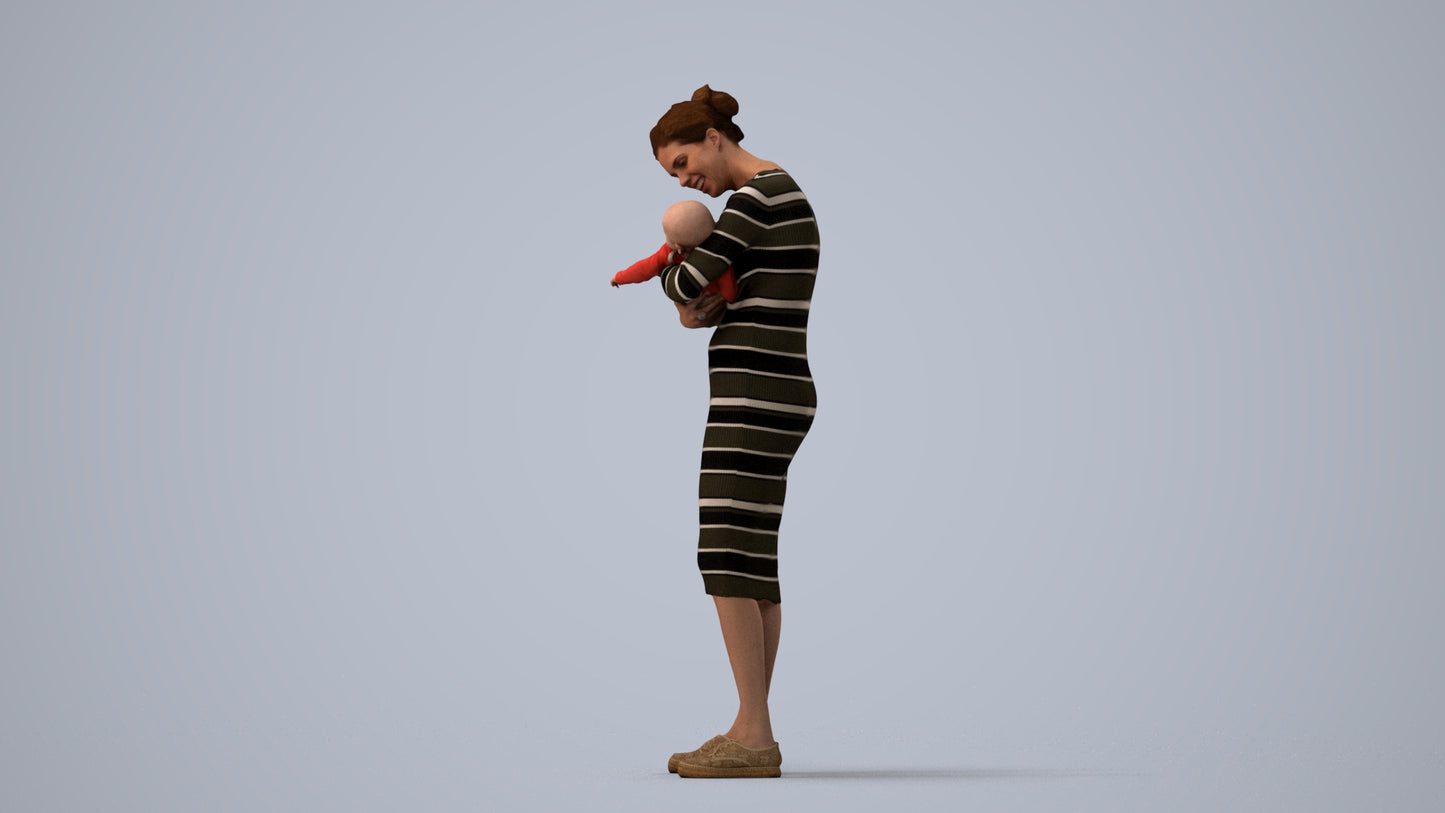 3D human model girl casual kids, photogrammetry scanned person for archviz, three-quarter view render