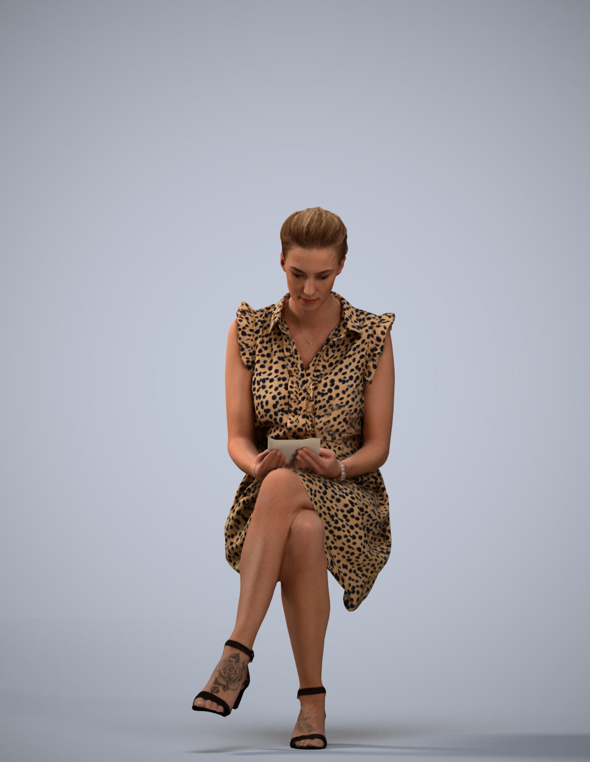 scanned 3D woman casual sitting, photogrammetry people for Enscape and V-Ray