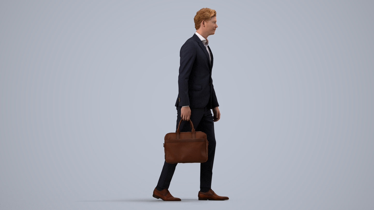 3D human model man business, photogrammetry scanned person for archviz, side view render