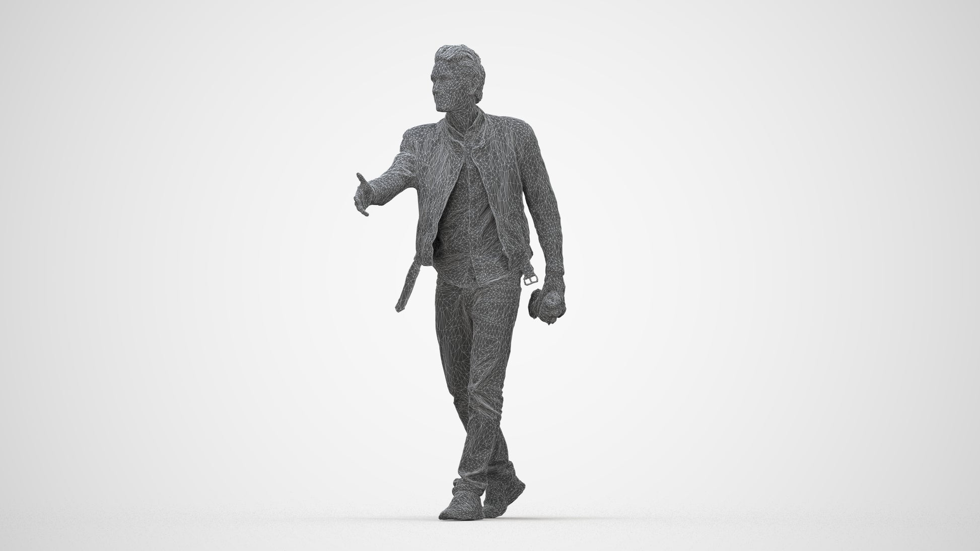 3D human model man casual walking, photogrammetry scanned person for archviz, wireframe back view