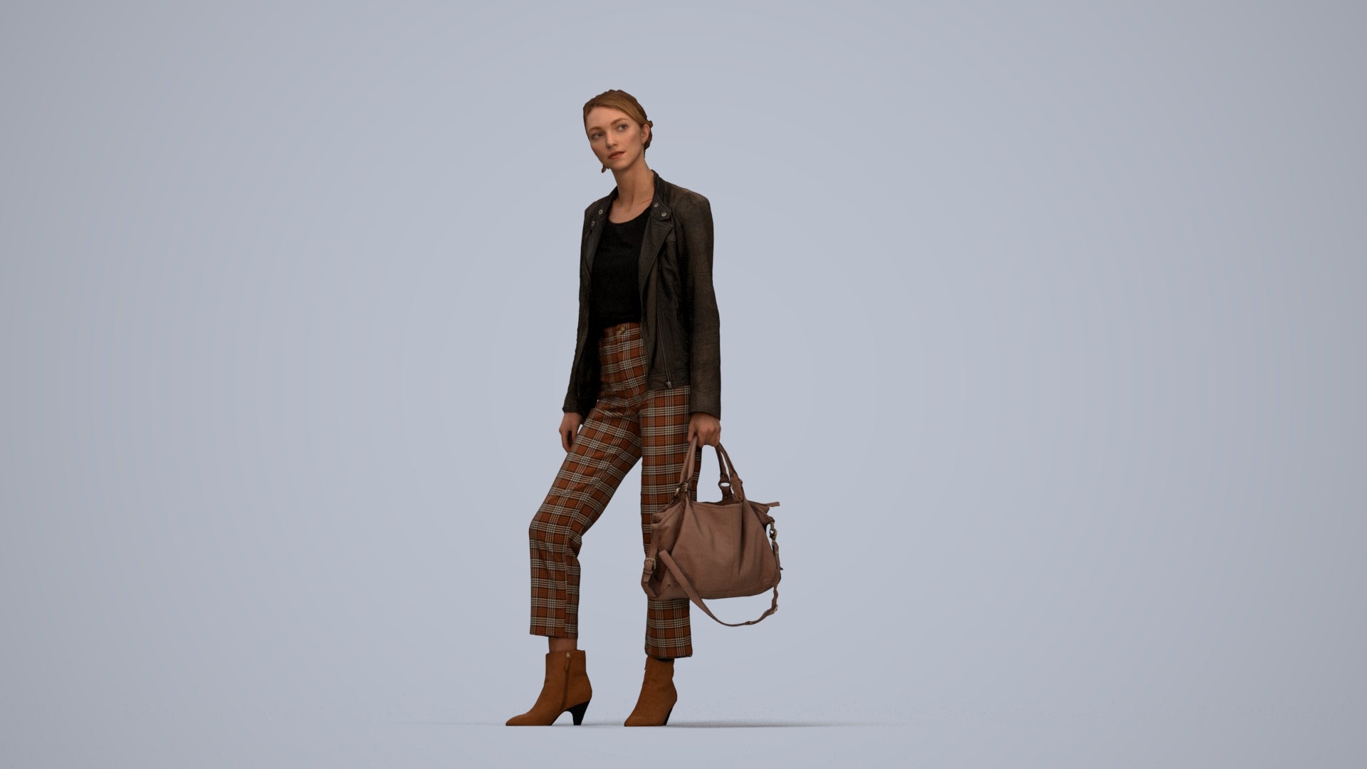 realistic 3D human woman business standing, archviz people FBX OBJ for Blender, top-down view render