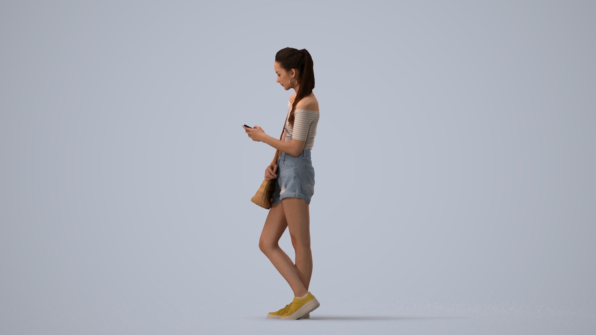 photogrammetry 3D woman casual standing, realistic human model archviz FBX, three-quarter view render