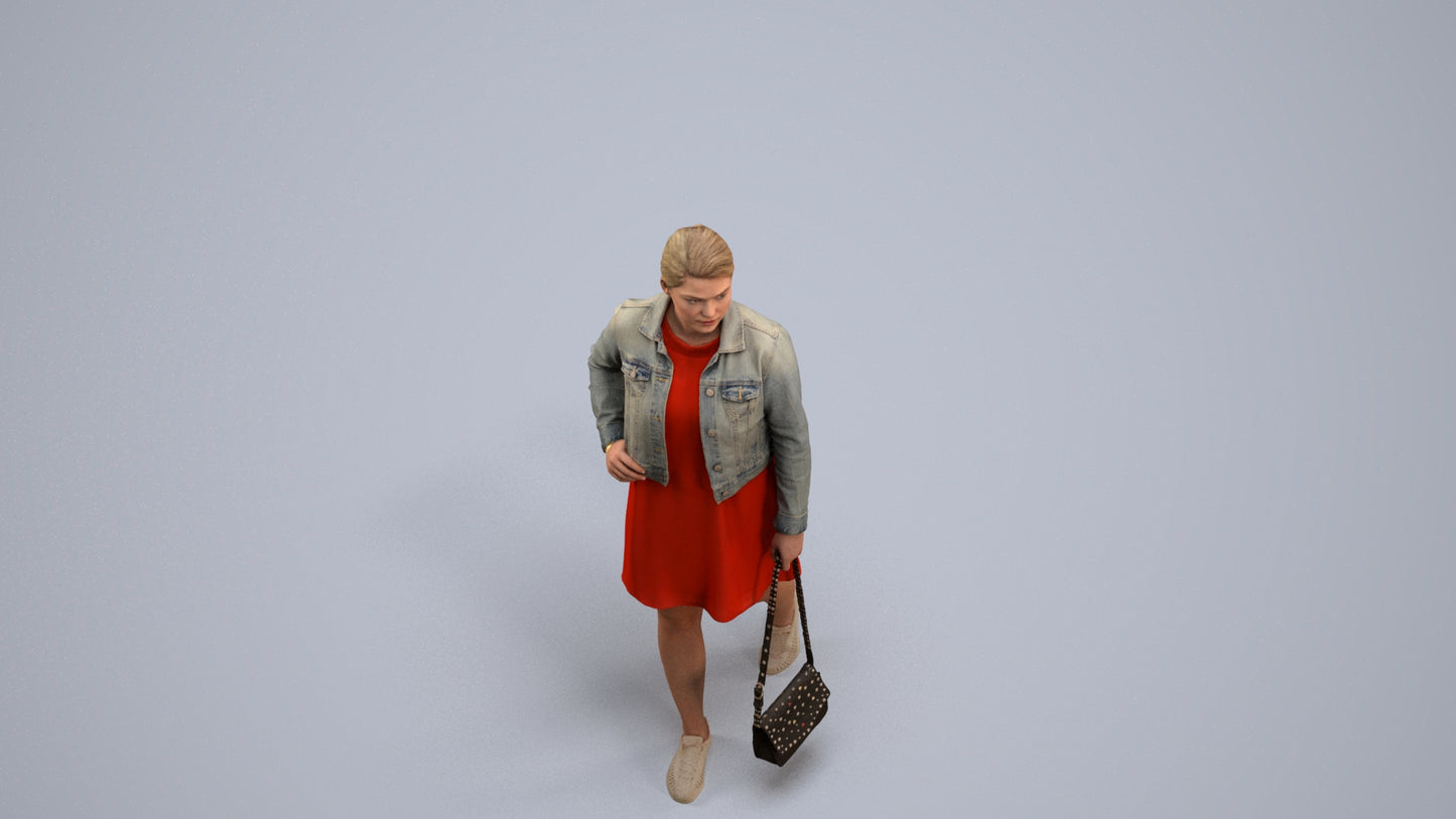 3D human model woman casual walking, photogrammetry scanned person for archviz, back view render