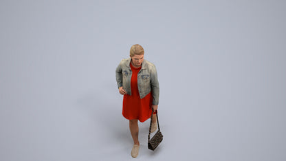 3D human model woman casual walking, photogrammetry scanned person for archviz, back view render