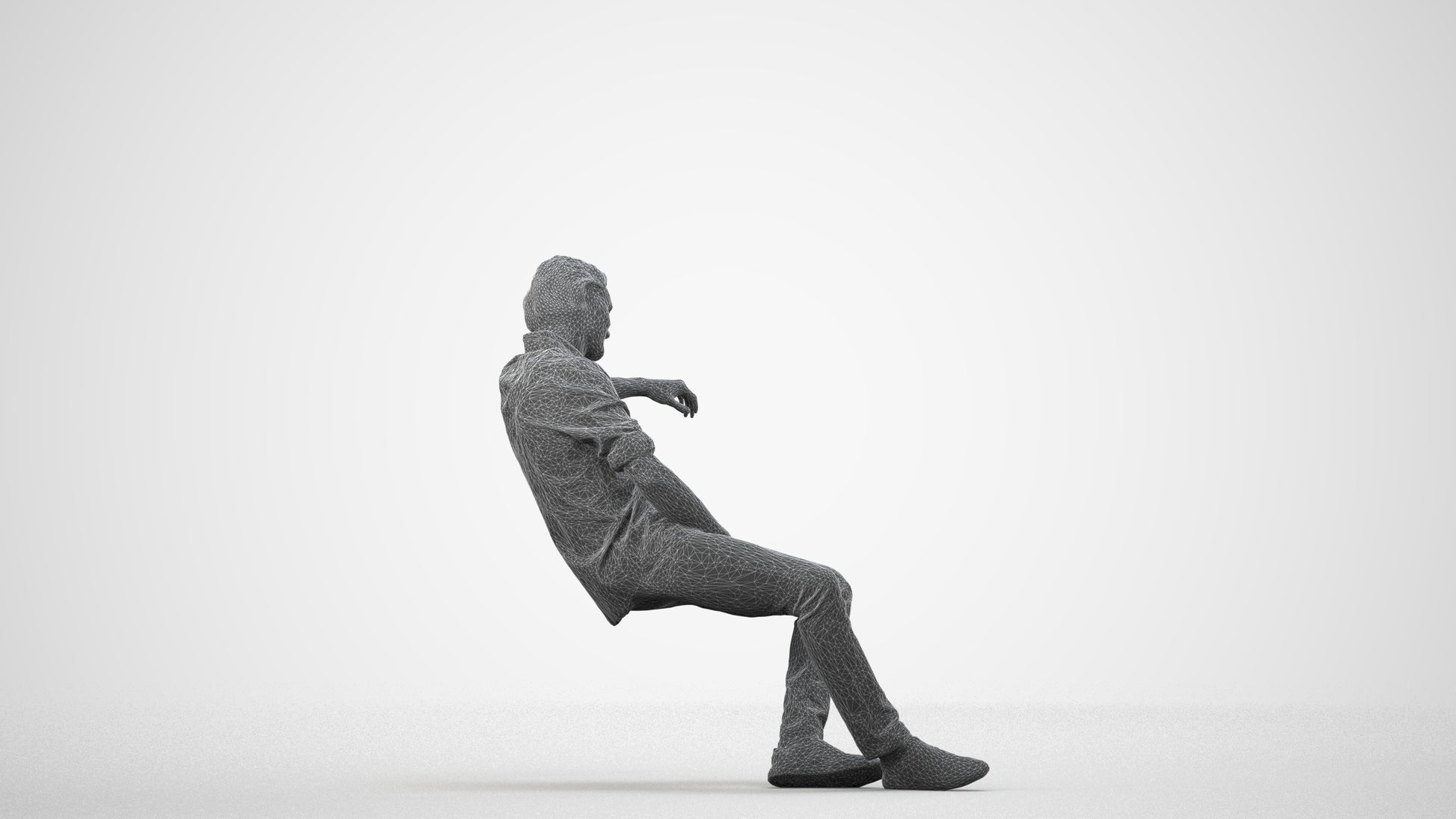 3D human model man casual sitting, photogrammetry scanned person for archviz, wireframe side view