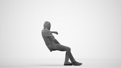 3D human model man casual sitting, photogrammetry scanned person for archviz, wireframe side view