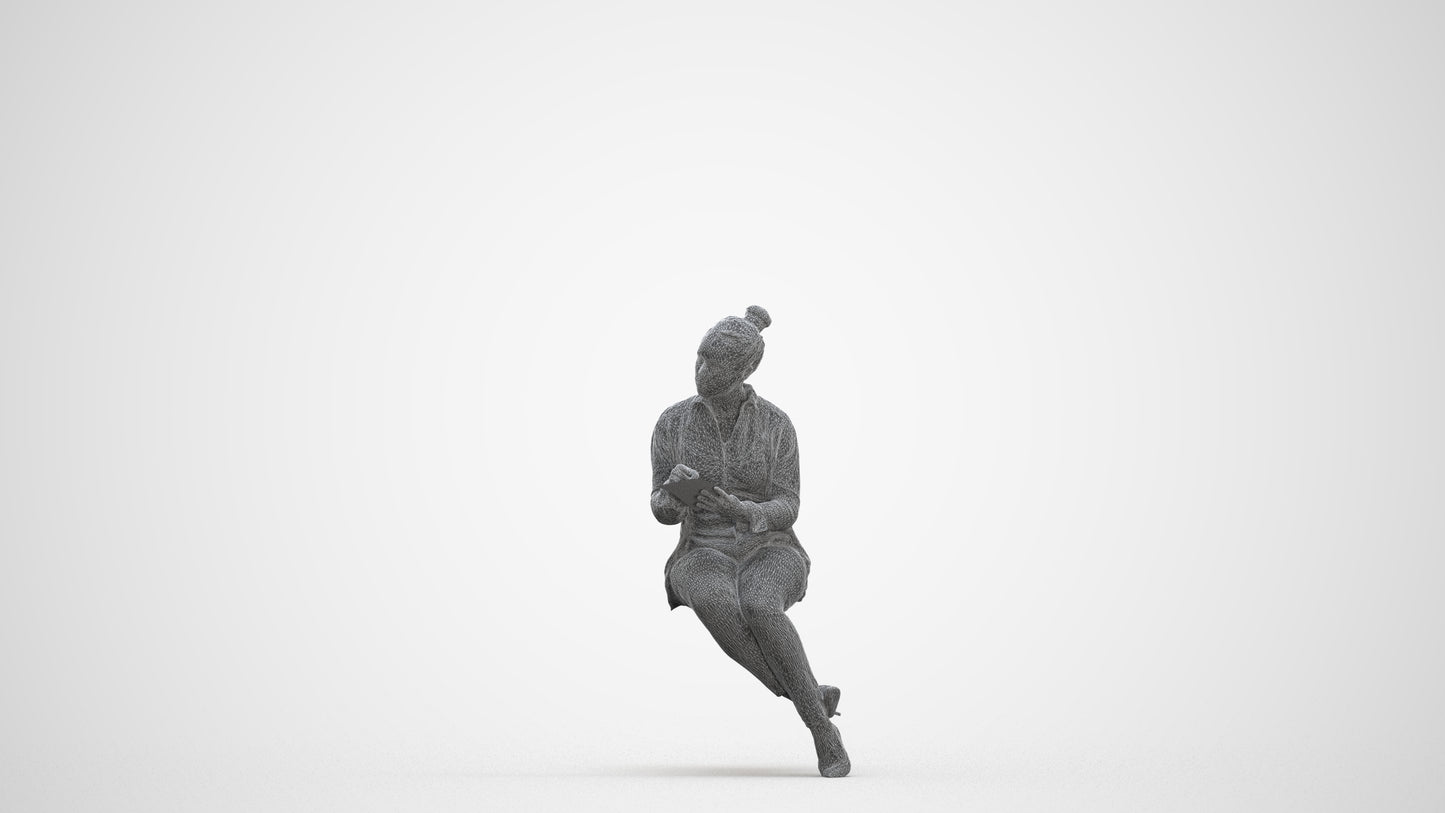 realistic 3D woman business sitting, scanned archviz people for Blender and 3ds Max, three-quarter front view render