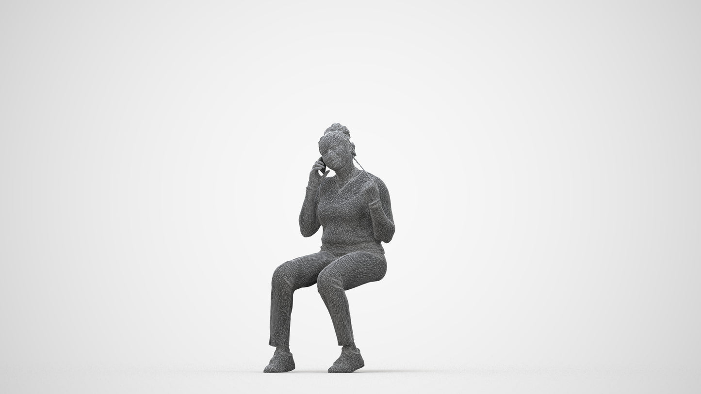 scanned 3D woman casual sitting, photogrammetry people for Enscape and V-Ray, wireframe back view