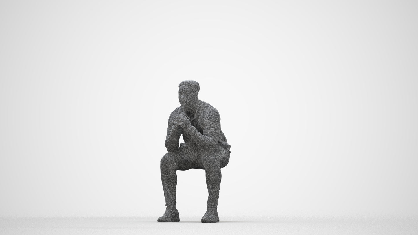 realistic 3D people man casual sitting, render-ready for V-Ray and Corona, FBX OBJ, wireframe back view