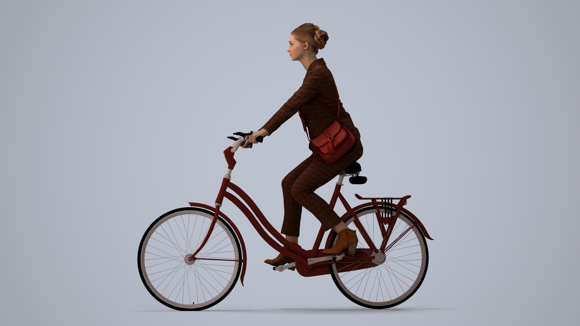 3D human model woman business cycling, photogrammetry scanned person for archviz, three-quarter view render