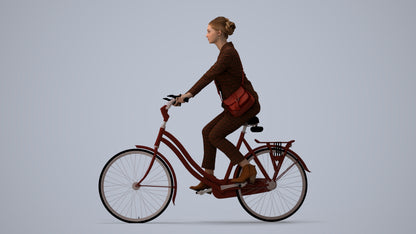 3D human model woman business cycling, photogrammetry scanned person for archviz, three-quarter view render
