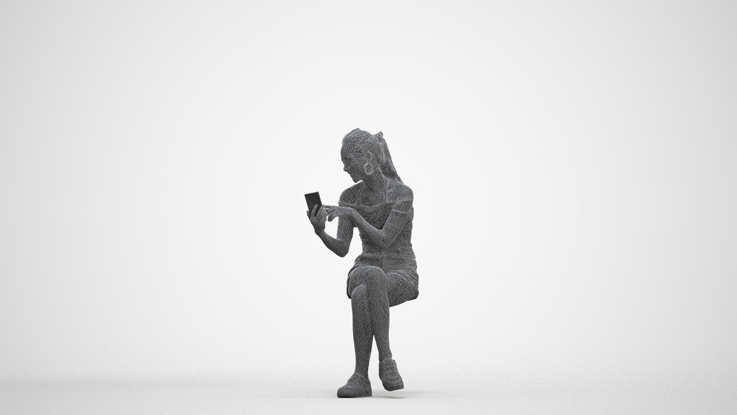 realistic 3D woman casual sitting, scanned archviz people for Blender and 3ds Max, three-quarter front view render