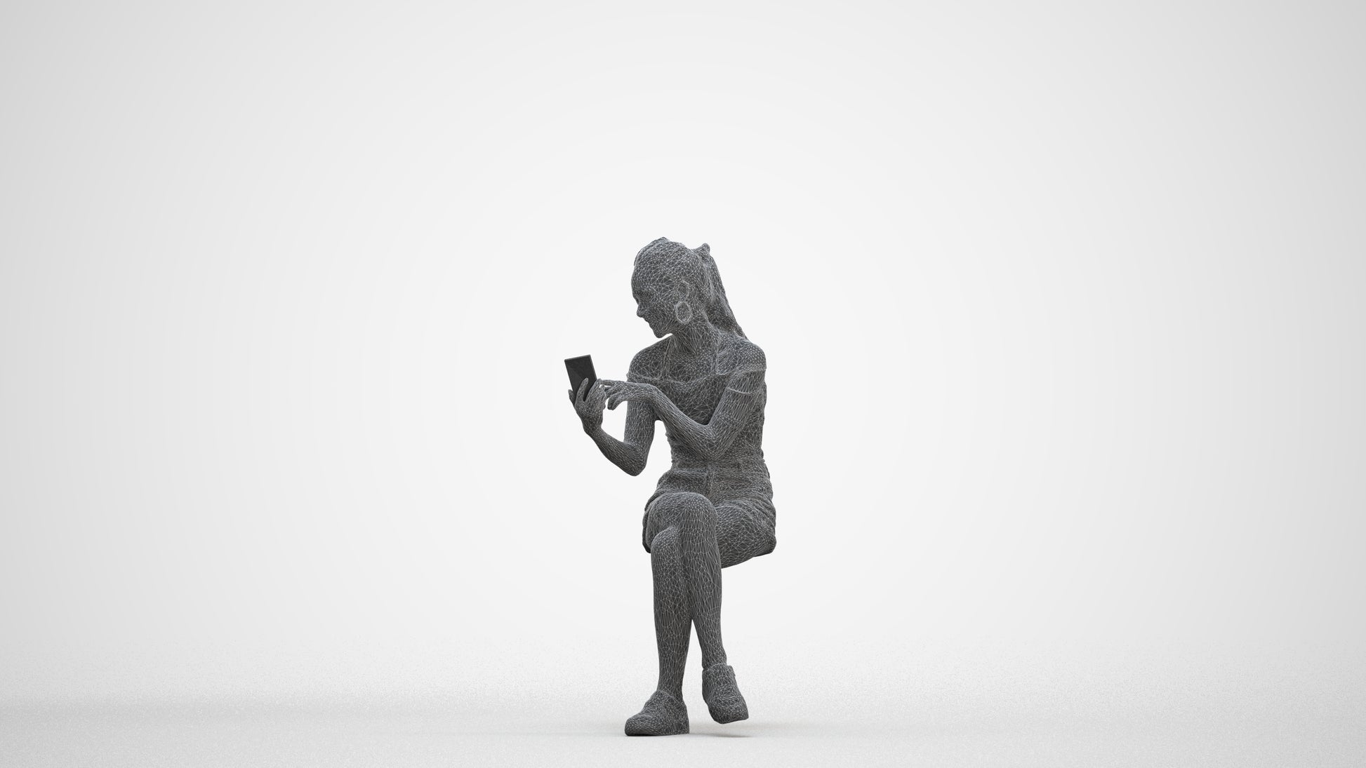 realistic 3D woman casual sitting, scanned archviz people for Blender and 3ds Max, three-quarter front view render
