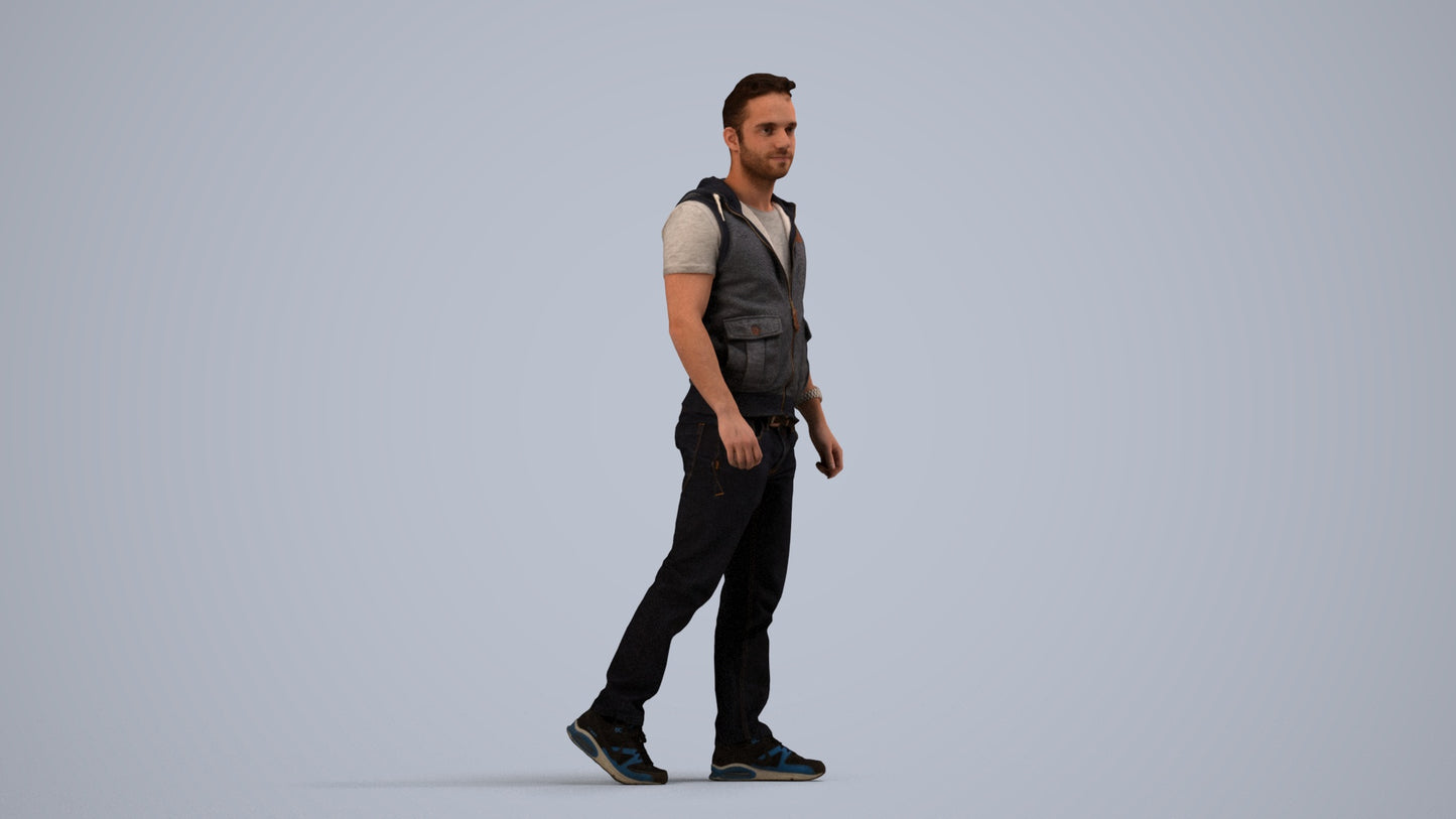 3D human model man casual walking, photogrammetry scanned person for archviz, side view render