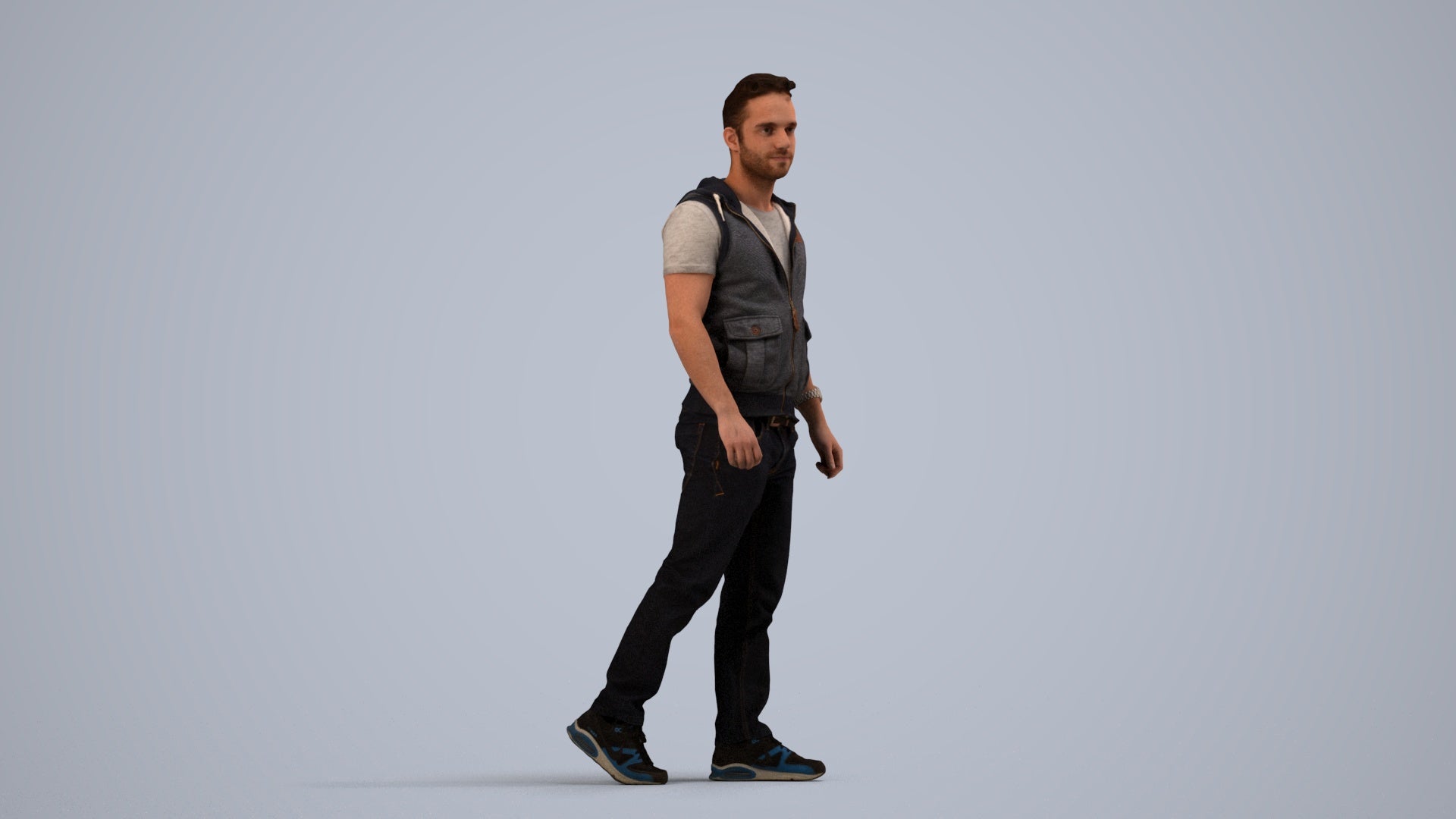 3D human model man casual walking, photogrammetry scanned person for archviz, side view render