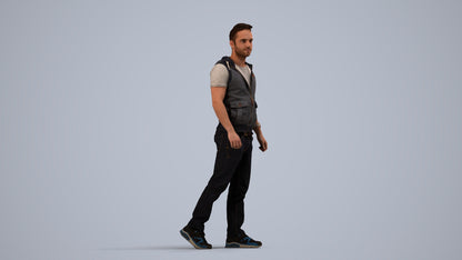 3D human model man casual walking, photogrammetry scanned person for archviz, side view render