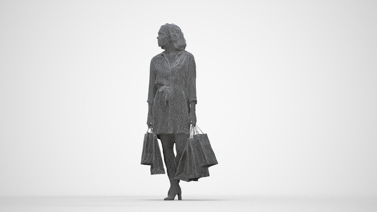 3D human model woman casual shopping, photogrammetry scanned person for archviz, wireframe back view