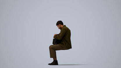 scanned 3D man casual sitting, photogrammetry people for Enscape and V-Ray, three-quarter view render