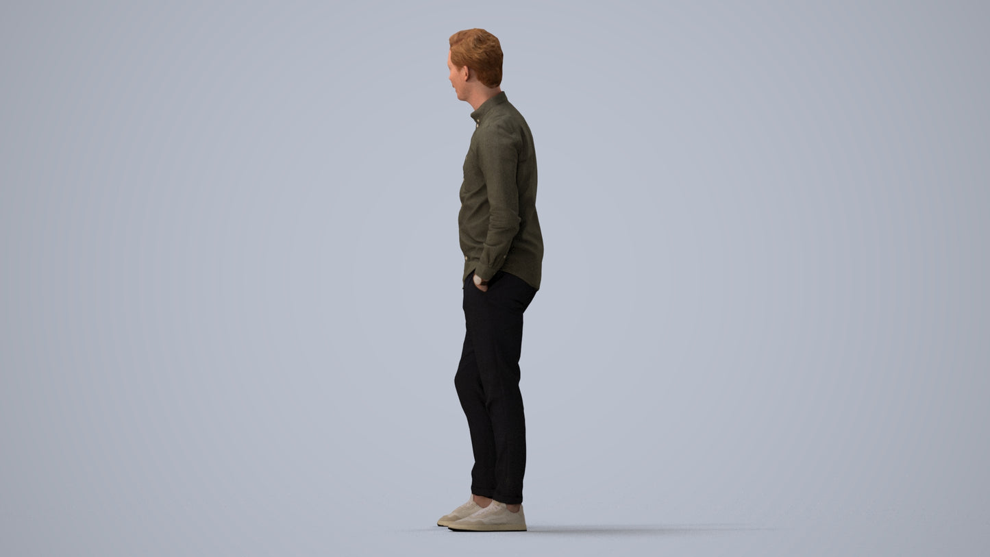 realistic 3D human man casual standing, archviz people FBX OBJ for Blender, three-quarter view render