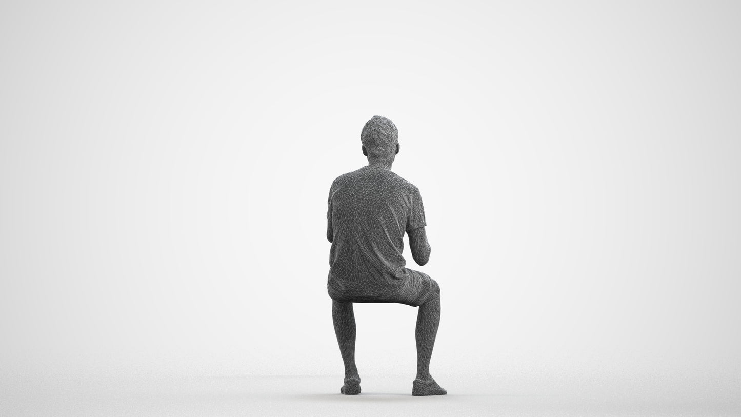 realistic 3D man casual sitting, scanned archviz people for Blender and 3ds Max, wireframe front view