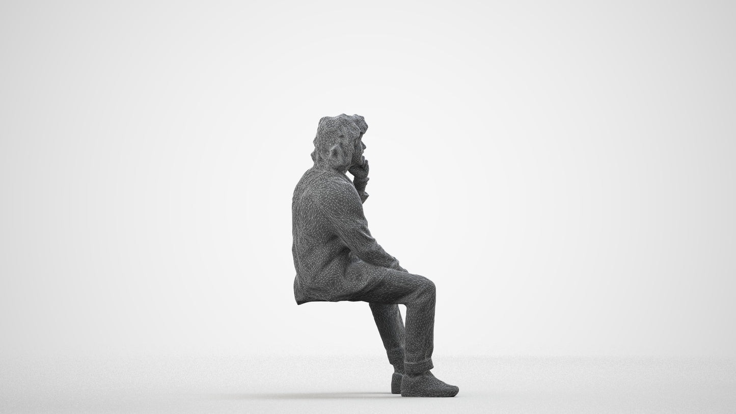 3D human model man casual sitting, photogrammetry scanned person for archviz, wireframe side view
