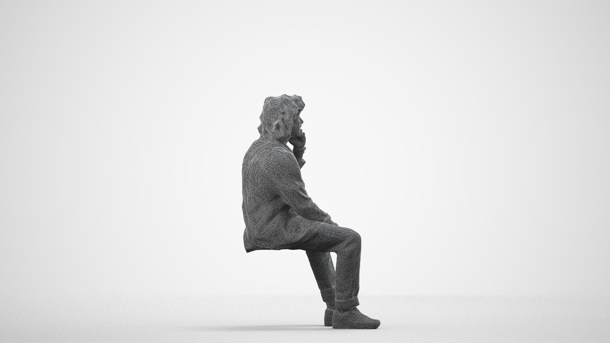 3D human model man casual sitting, photogrammetry scanned person for archviz, wireframe side view