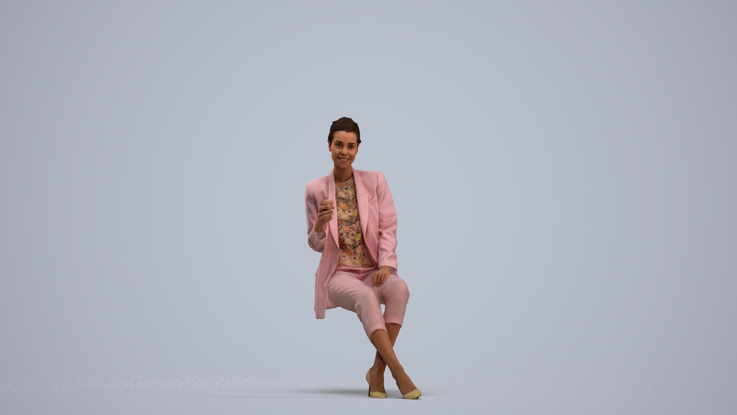 3D scanned woman sitting business, photorealistic archviz people for Enscape and SketchUp, standing pose render