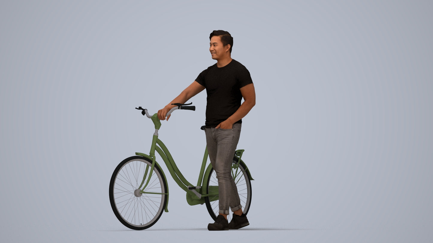 realistic 3D man casual cycling, scanned archviz people for Blender and 3ds Max, top-down view render